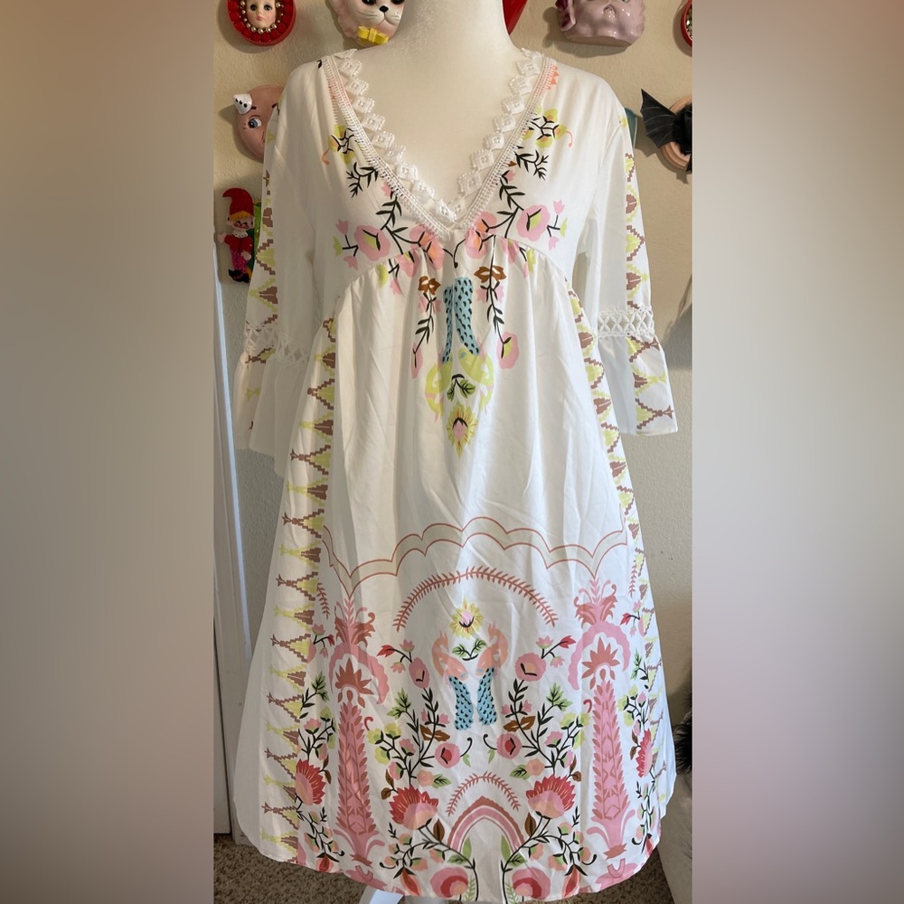 Boho White Babydoll Dress Floral V Neck Crochet Trim Cottagecore Small - Picture 2 of 8